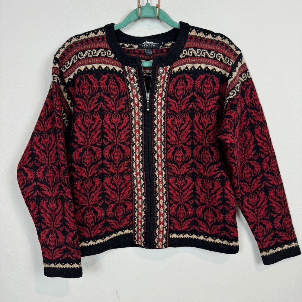 Icelandic Design Full Zip Cardigan Sweater Jacket Wool Red S